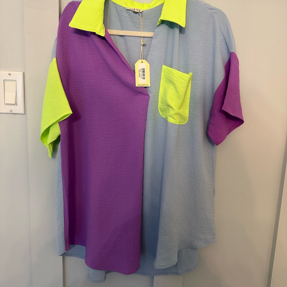 JODIFL Purple and Neon Green Button Down Shirt